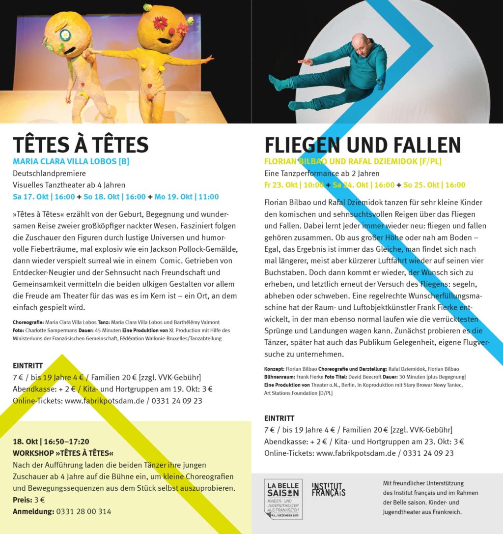 Programm-Flyer: Zig Zag, fabrik Potsdam, Junger Tanz für junges Publikum