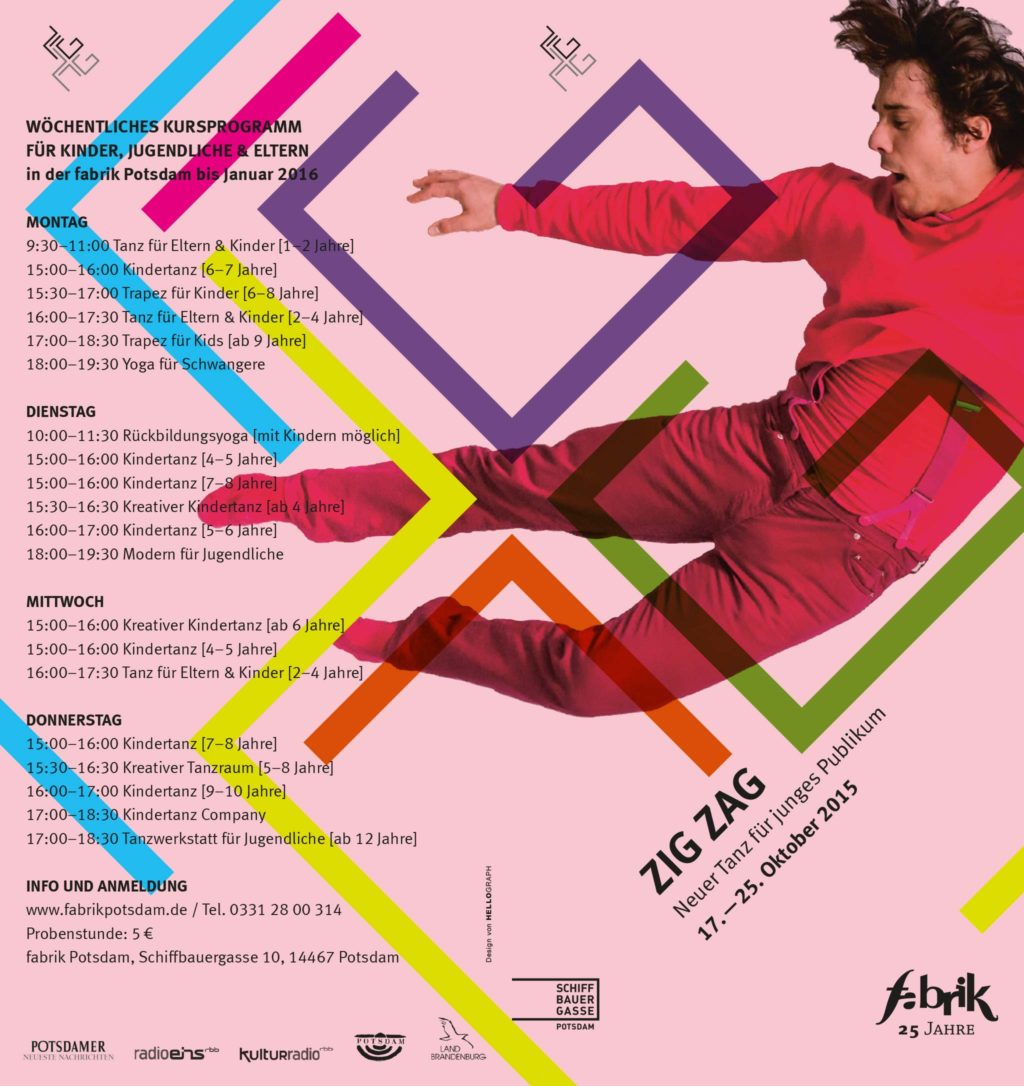 Programm-Flyer: Zig Zag, fabrik Potsdam, Junger Tanz für junges Publikum