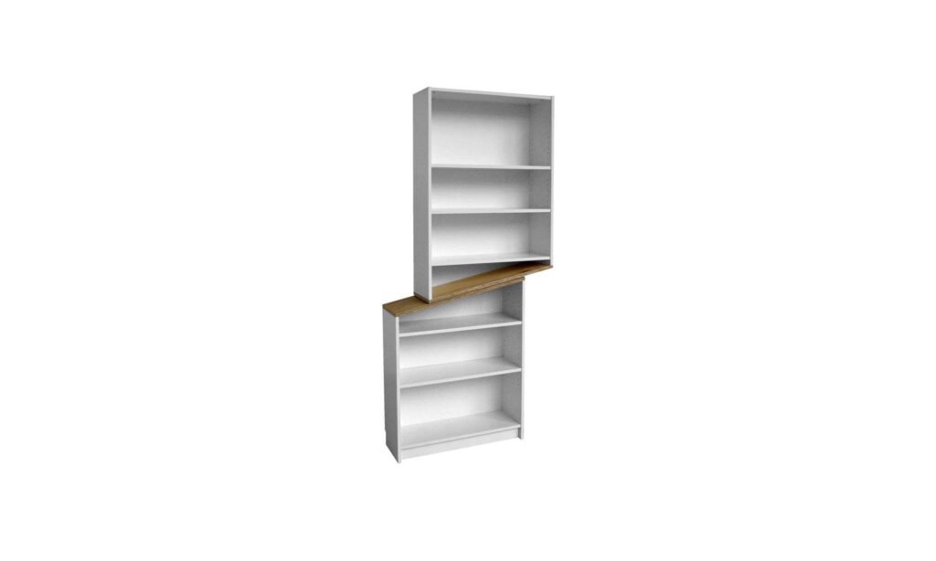 Zwei weiße Regalkörper mit verbindender Holzplatte, Möbelserie über Massenproduktion und Morphologie.